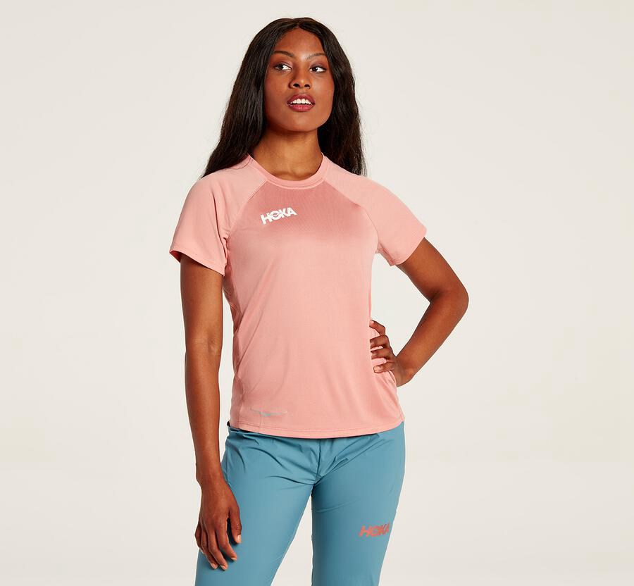 Top Hoka One One Mujer - Performance Short Sleeve - Rosas - XSG348916